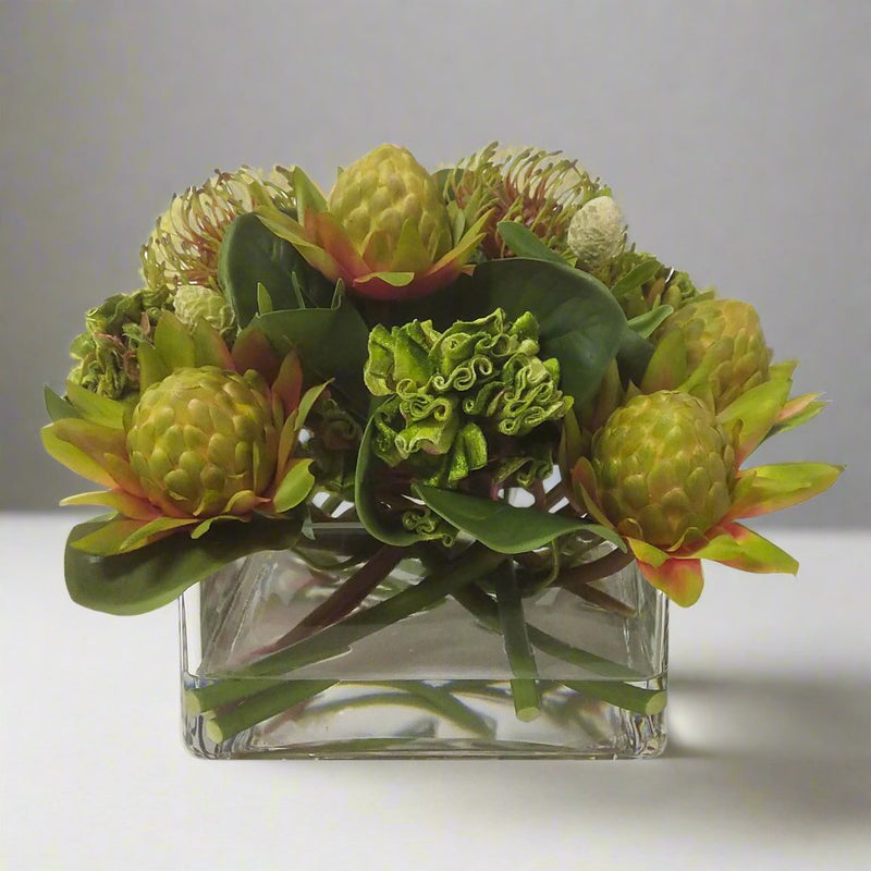 Waratah/Ball Celosia Artificial Flower Arrangement In Glass Vase - BlueJay Avenue