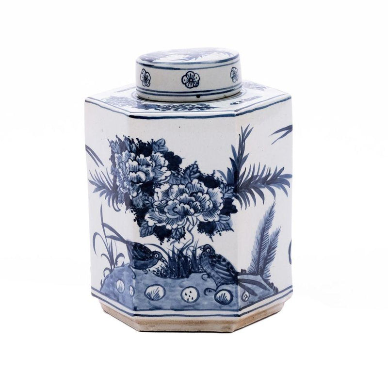 Blue & White Hexagonal Flower Bird Tea Jar - BlueJay Avenue