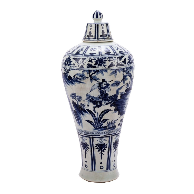 Blue & White Lidded Plum Vase Warrior Riding Horse - BlueJay Avenue