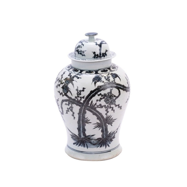 Indigo Porcelain Magpie On Plum Treetop Temple Jar - BlueJay Avenue