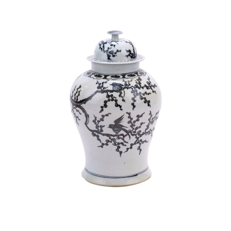 Indigo Porcelain Magpie On Plum Treetop Temple Jar - BlueJay Avenue