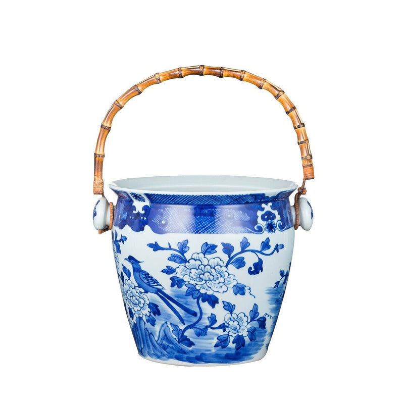 Porcelain Bird Floral Wine Bucket With Bamboo Handle - BlueJay Avenue