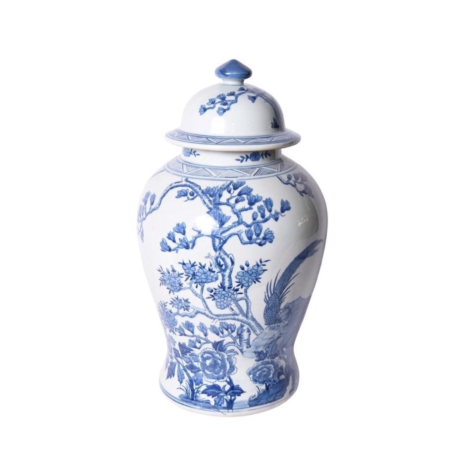 Magnolia Pheasant Porcelain Temple Jar | Blue And White Ginger Jar ...