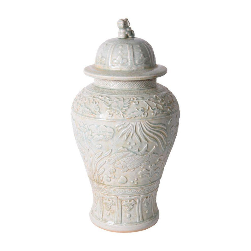 Sage Green Embossed Fish Temple Jar - BlueJay Avenue